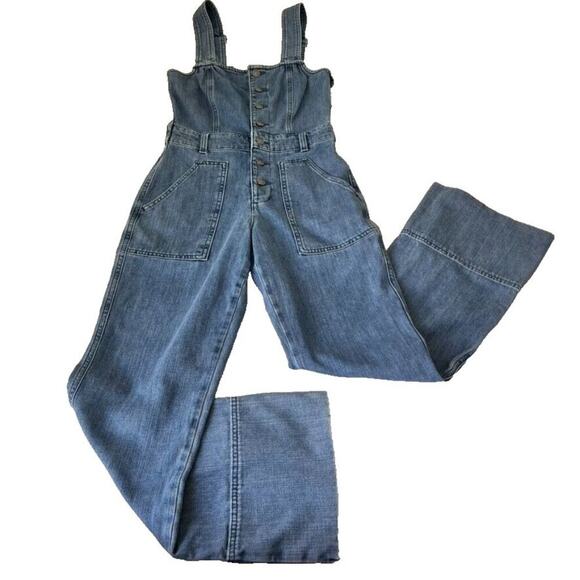 Aerie Overalls Womens XS Blue Button Front Kick Flare Denim Apron Bib - Picture 3 of 16